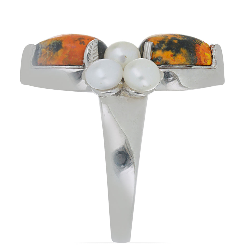 Ezüst Gyűrű Martapura "Bumble Bee" Jáspissal és Fehér Édesvízi Tenyésztett Gyönggyel