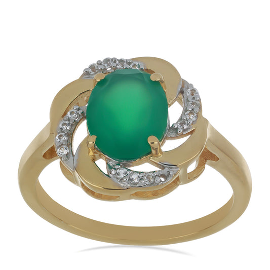Arannyal Bevont Ezüst Gyűrű Zöld Acháttal és Fehér Topázzal