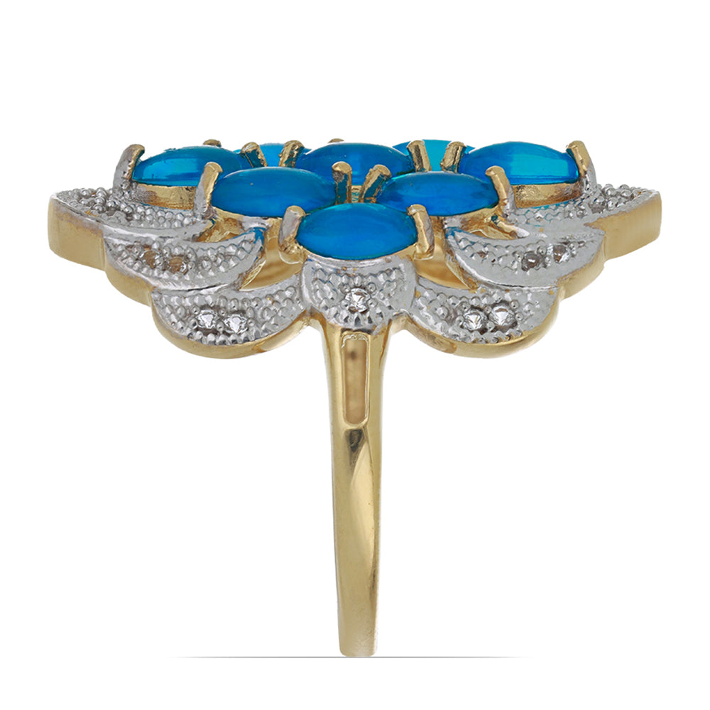 Arannyal Bevont Ezüst Gyűrű Kék Etiópiai Opállal és Fehér Topázzal