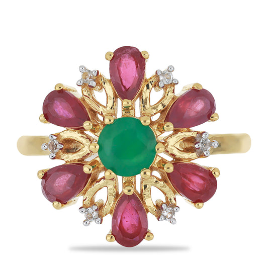 Arannyal Bevont Ezüst Gyűrű Madagaszkári Rubinnal és Brazil Smaragddal