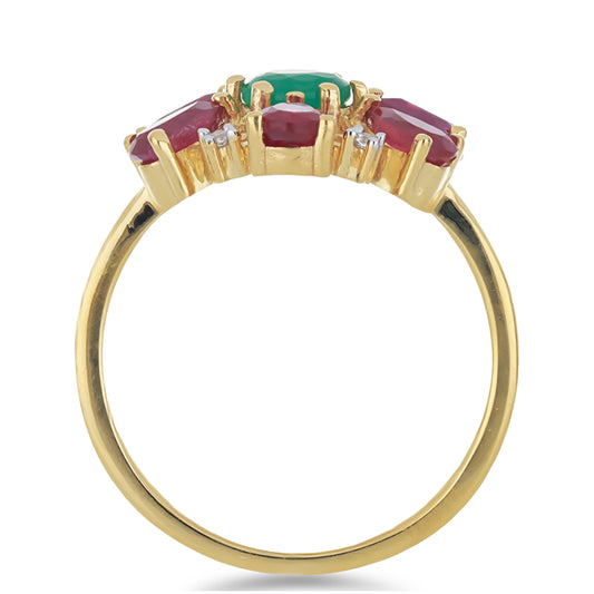 Arannyal Bevont Ezüst Gyűrű Madagaszkári Rubinnal és Brazil Smaragddal